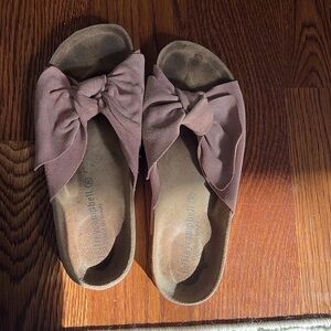 Cork bottom pink suede bow sandals